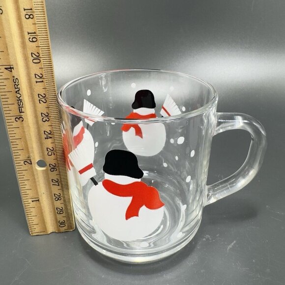 Luminarc Clear Glass Cup Mug Snow Snowman Holiday Christmas Set 2 Mugs Cups VTG - Picture 3 of 7